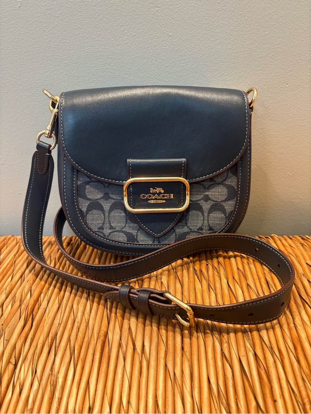 Coach Morgan Navy and Gray Signature Saddle Crossbody with Gold Hardware
